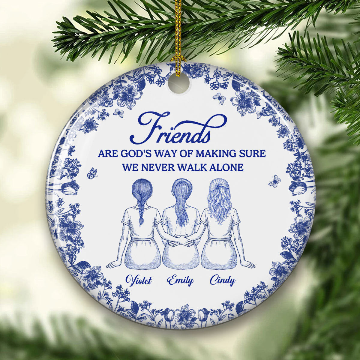 Never Walk Alone Blue Toile - Personalized Custom Ceramic Ornament