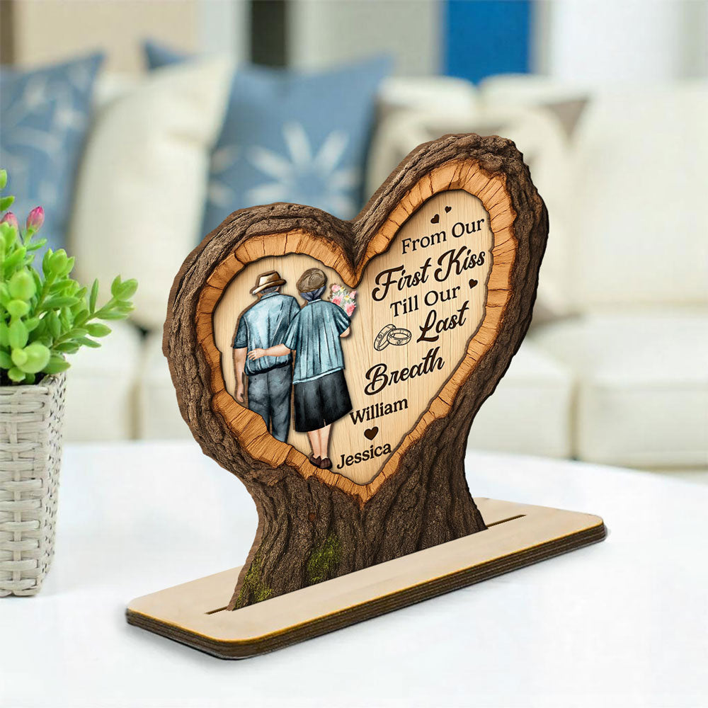 Our Journey Begins With First Kiss - Personalized Custom 2-Layer Wood Plaque With Flat Base