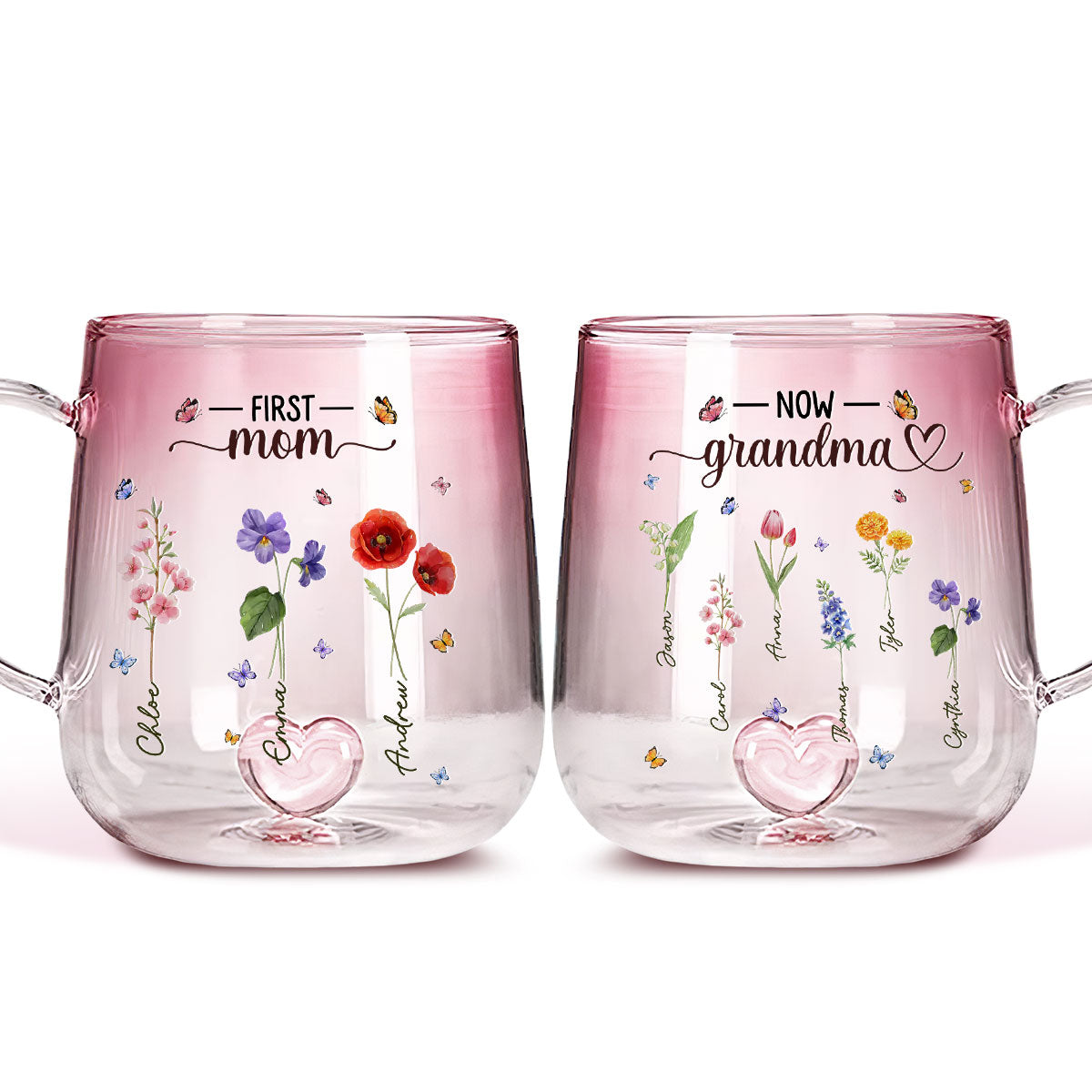 First Mom Now Grandma Flower - Personalized Custom Pink Gradient Glass Mug