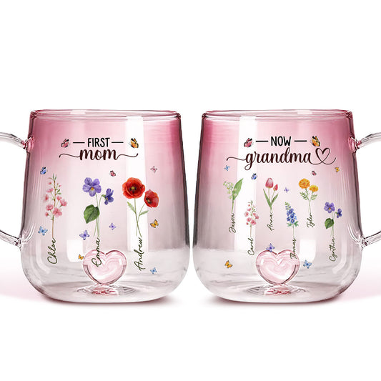 First Mom Now Grandma Flower - Personalized Custom Pink Gradient Glass Mug
