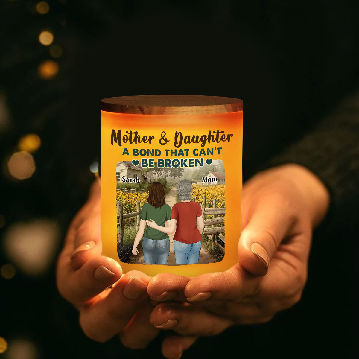 Sunflowers Mother And Child - Personalized Custom Glass Jar With LED Candle