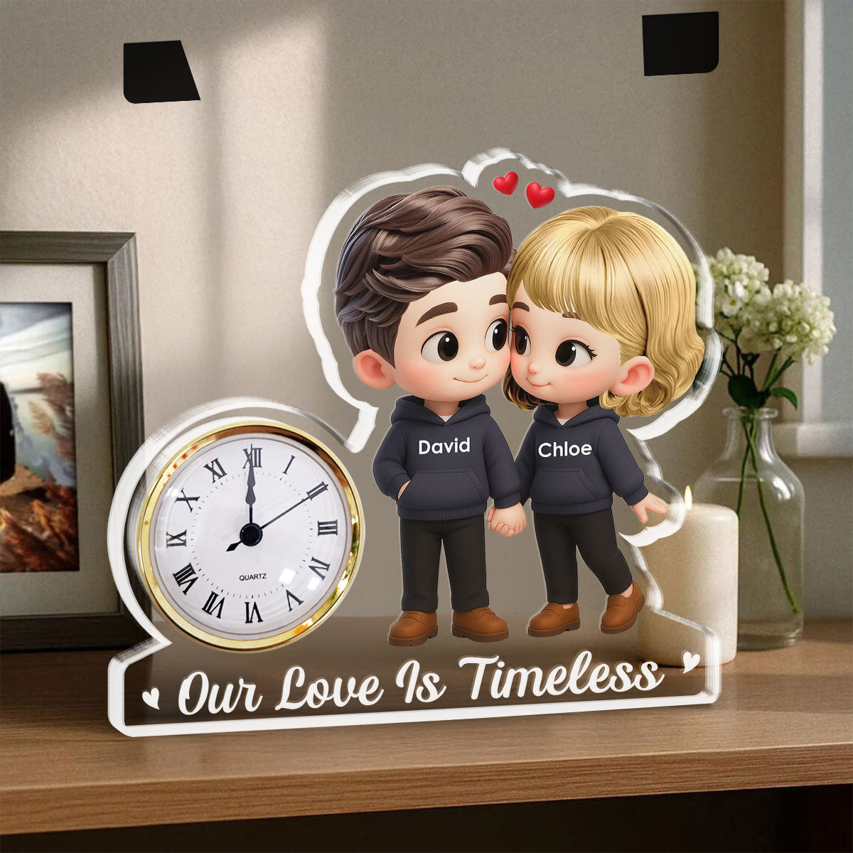 Cartoon Couple Holding Hands - Personalized Custom Acrylic Desk Clock Plaque