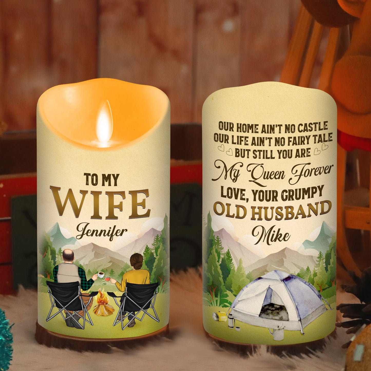 To My Wife You Are My Queen Forever Camping Version - Personalized Custom LED Candle