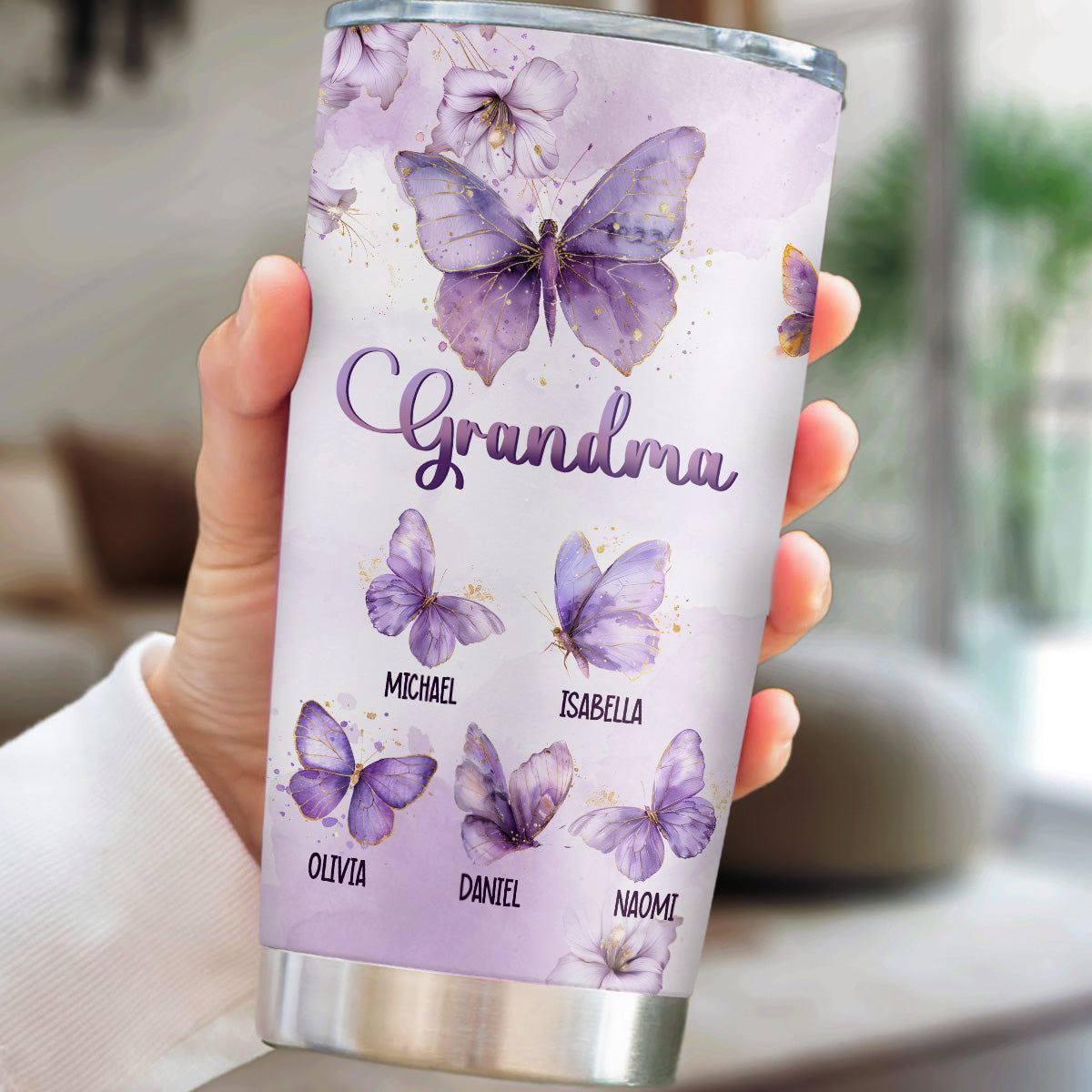 Grandma Purple Butterfly With Flower - Personalized Custom Tumbler