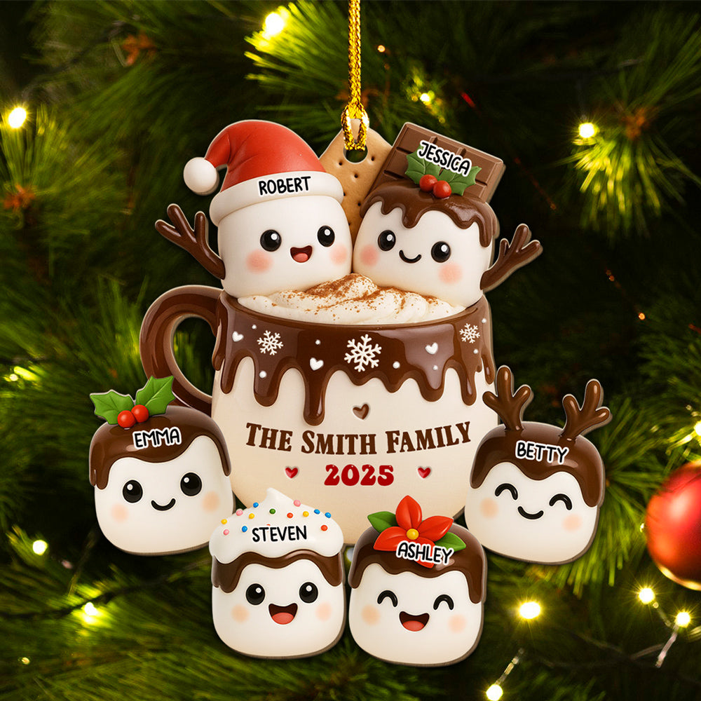 Marshmallow Family Hot Cocoa - Personalized Custom Wood Ornament