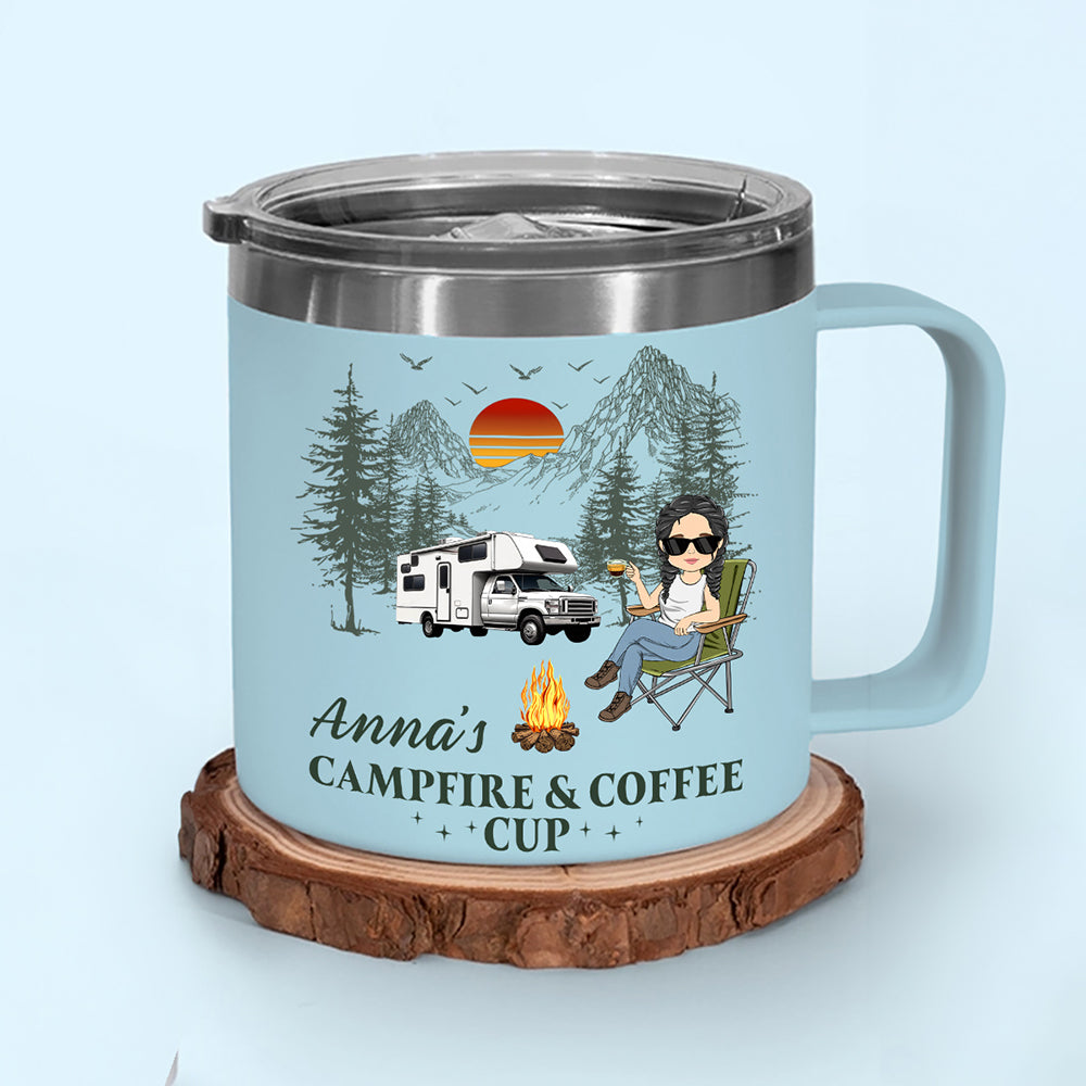 Campfire And Coffee Cup - Personalized Custom 14oz Stainless Steel Tumbler With Handle