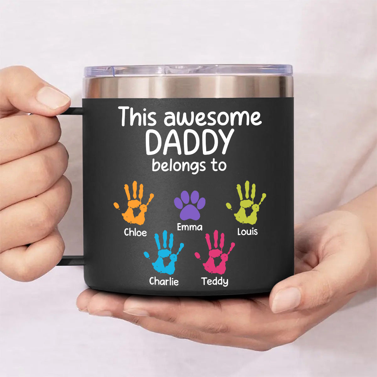 Awesome Daddy Papa Belongs To - Personalized Custom 14oz Stainless Steel Tumbler With Handle