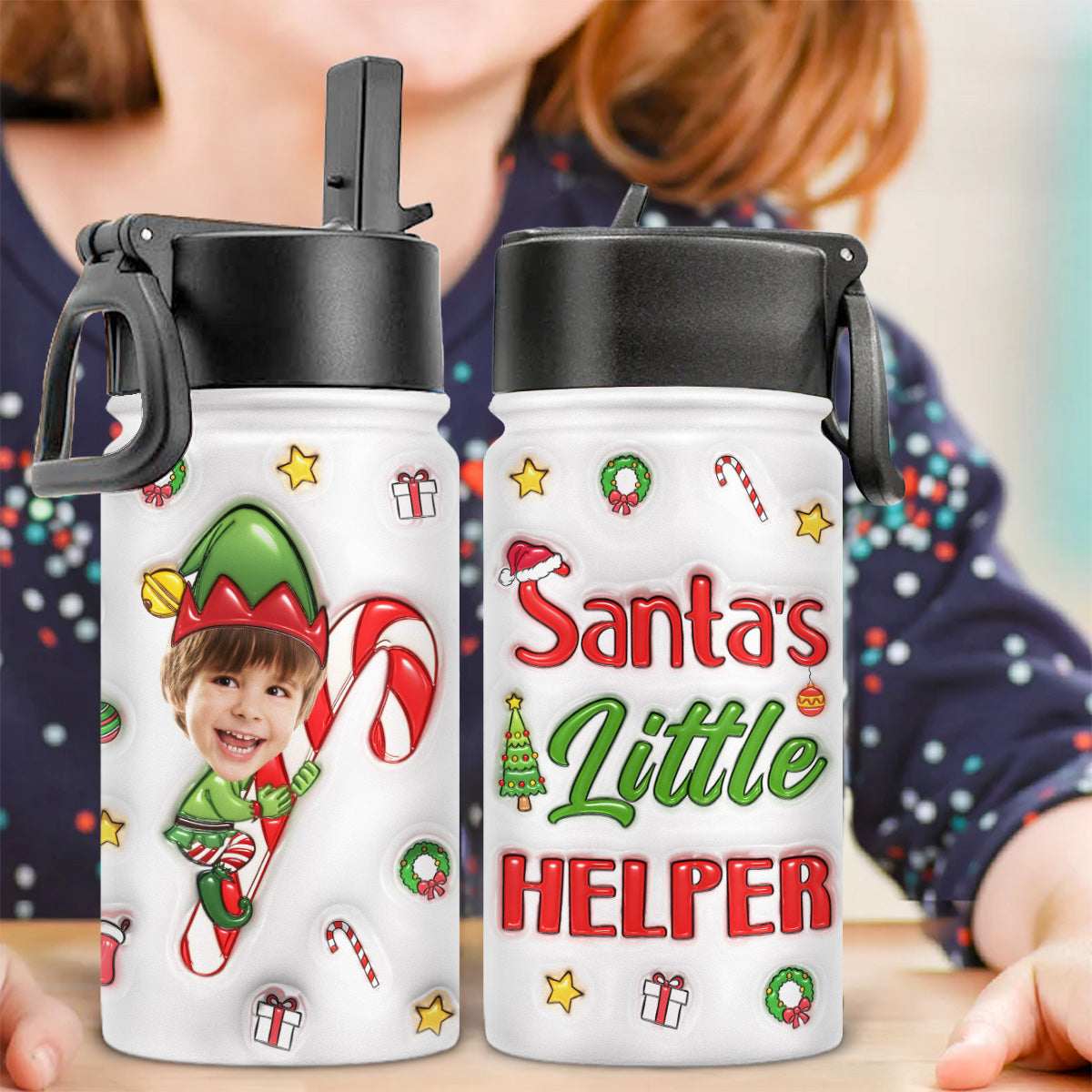 Santa Helper - Personalized Custom 3D Inflated Effect Kids Water Bottle