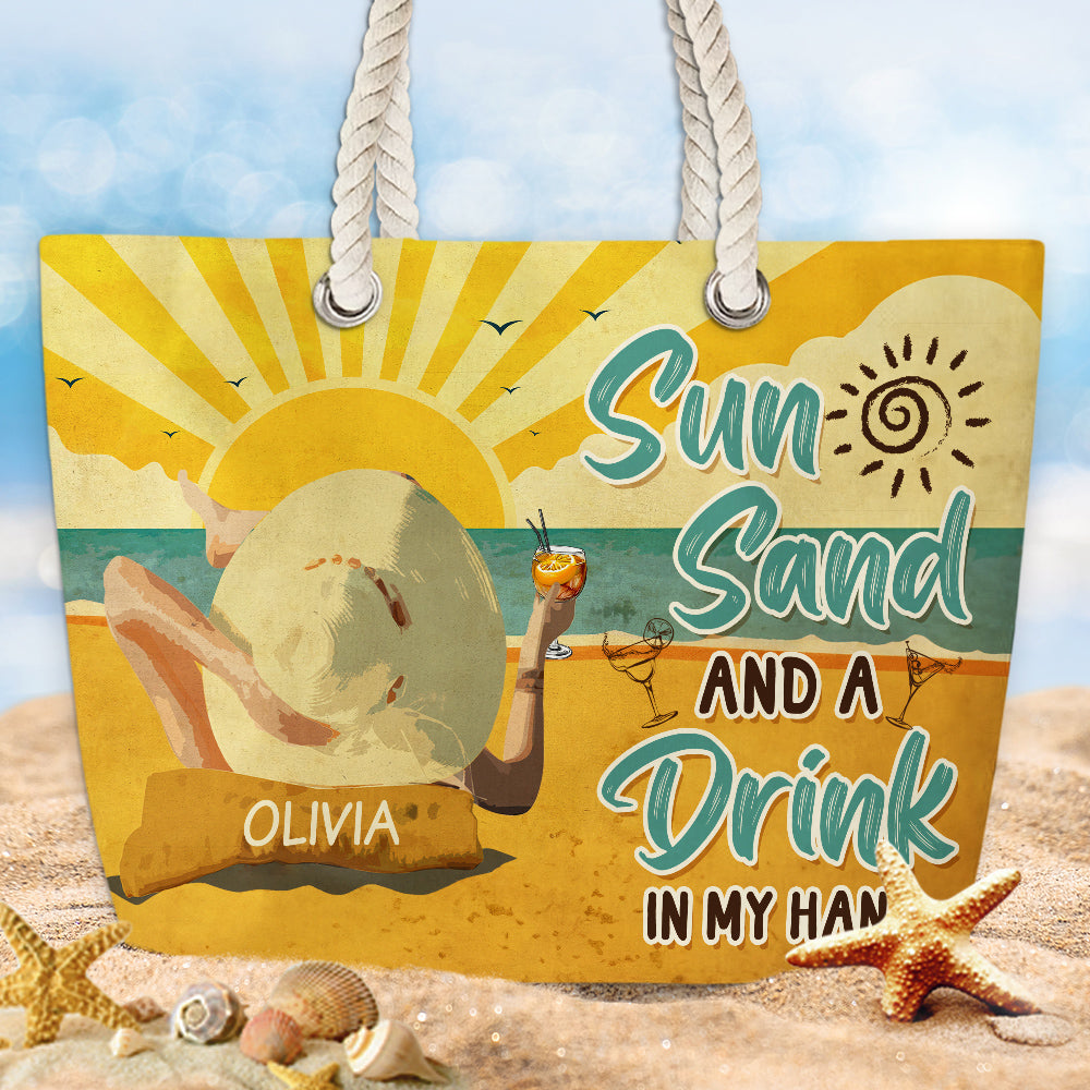 Sun Sand And A Drink In My Hand - Personalized Beach Bag