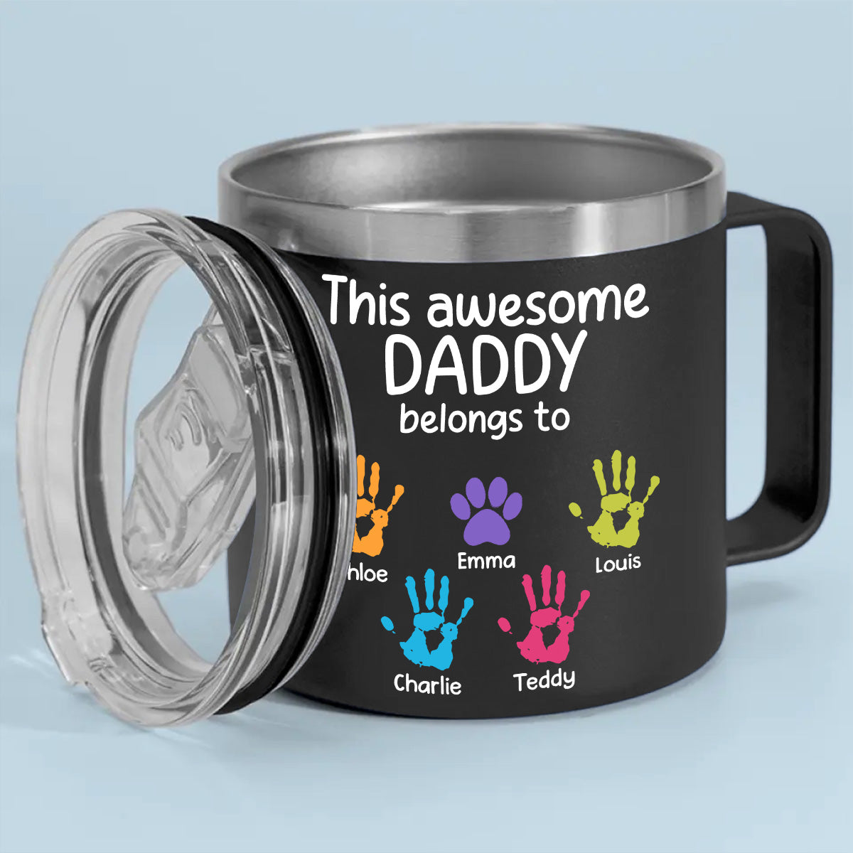 Awesome Daddy Papa Belongs To - Personalized Custom 14oz Stainless Steel Tumbler With Handle
