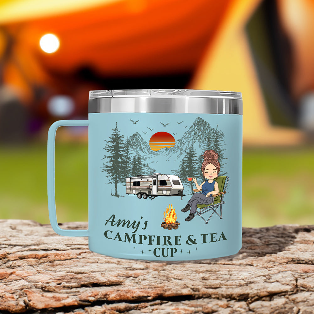 Campfire And Coffee Cup - Personalized Custom 14oz Stainless Steel Tumbler With Handle
