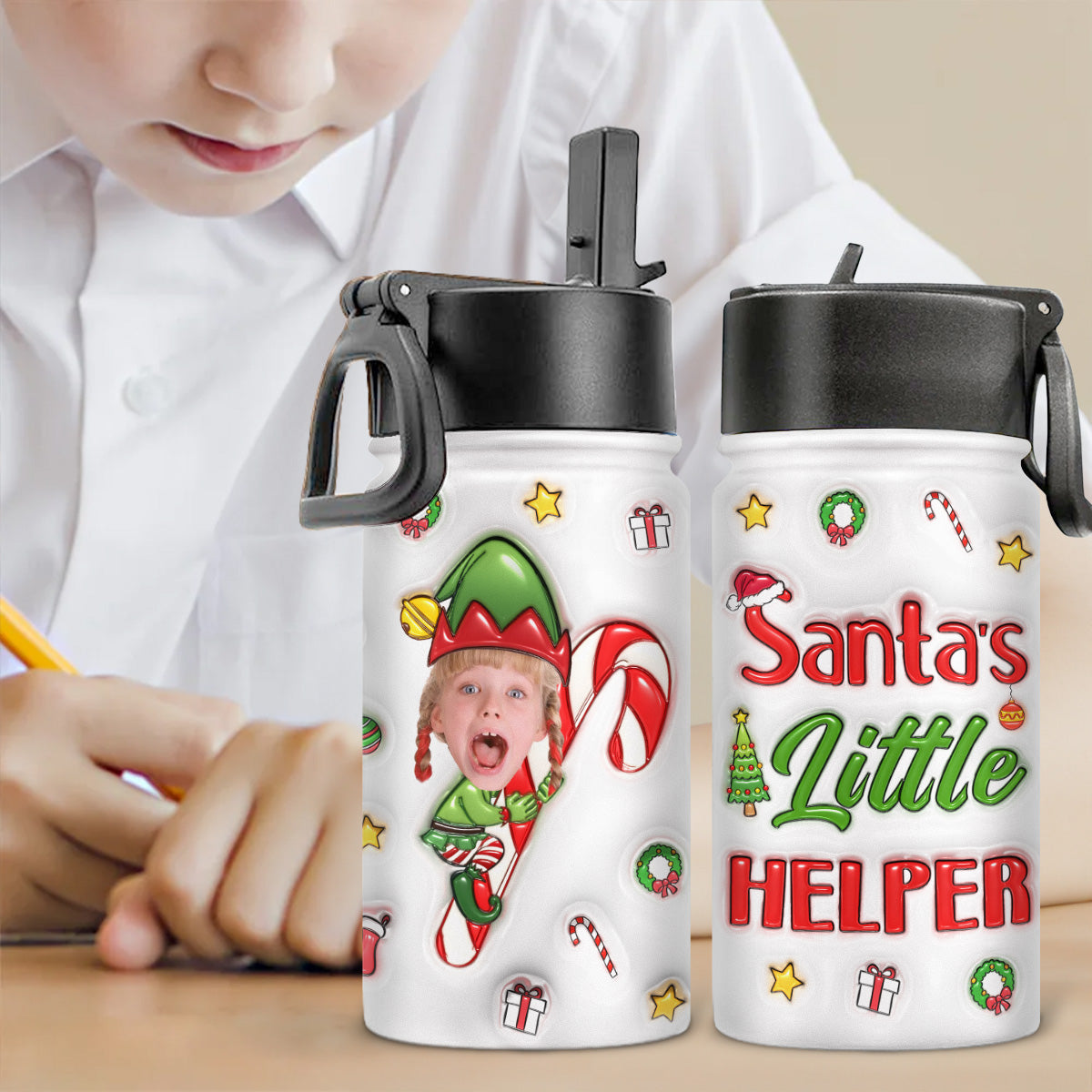 Santa Helper - Personalized Custom 3D Inflated Effect Kids Water Bottle