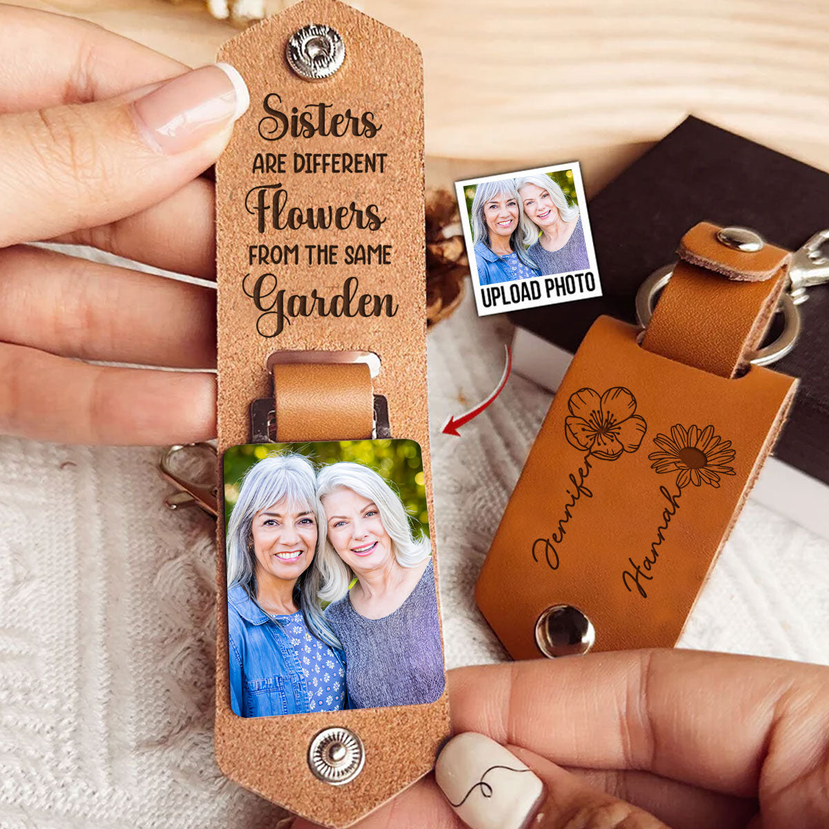 Sisters Are Flowers - Personalized Leather Photo Keychain
