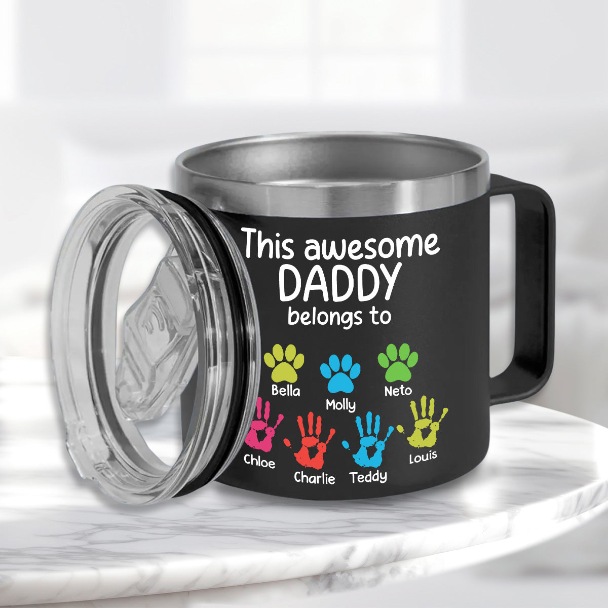 Awesome Daddy Papa Belongs To - Personalized Custom 14oz Stainless Steel Tumbler With Handle
