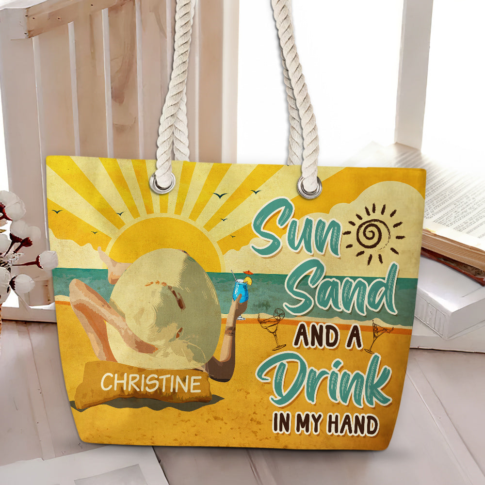 Sun Sand And A Drink In My Hand - Personalized Beach Bag