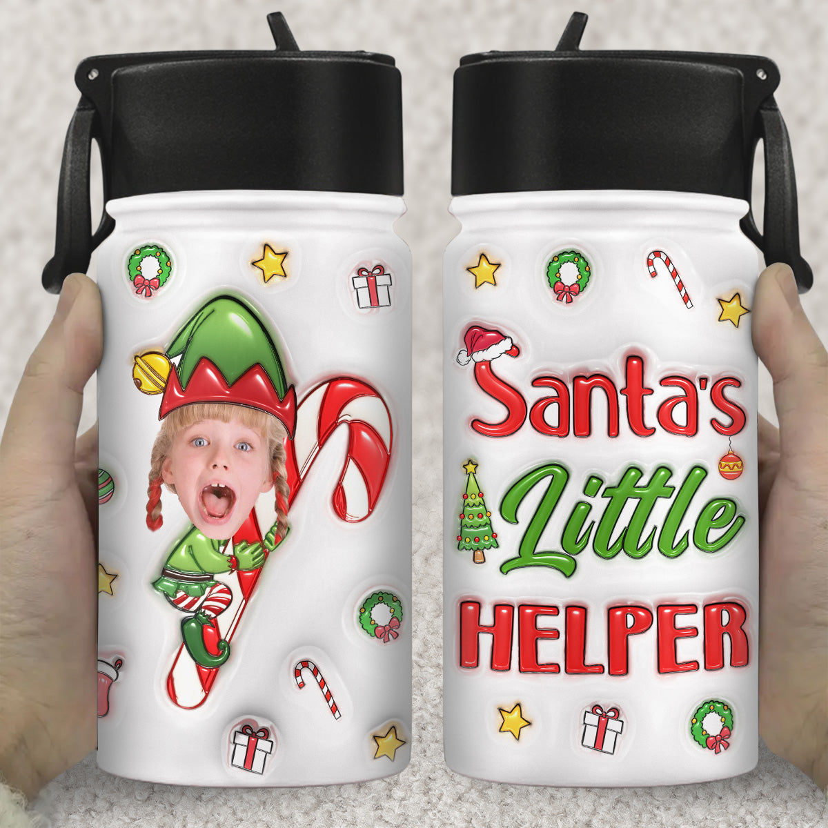 Santa Helper - Personalized Custom 3D Inflated Effect Kids Water Bottle