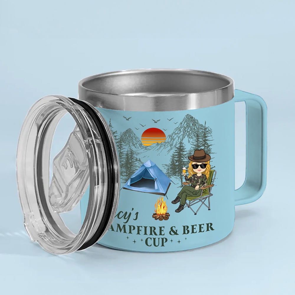 Campfire And Coffee Cup - Personalized Custom 14oz Stainless Steel Tumbler With Handle