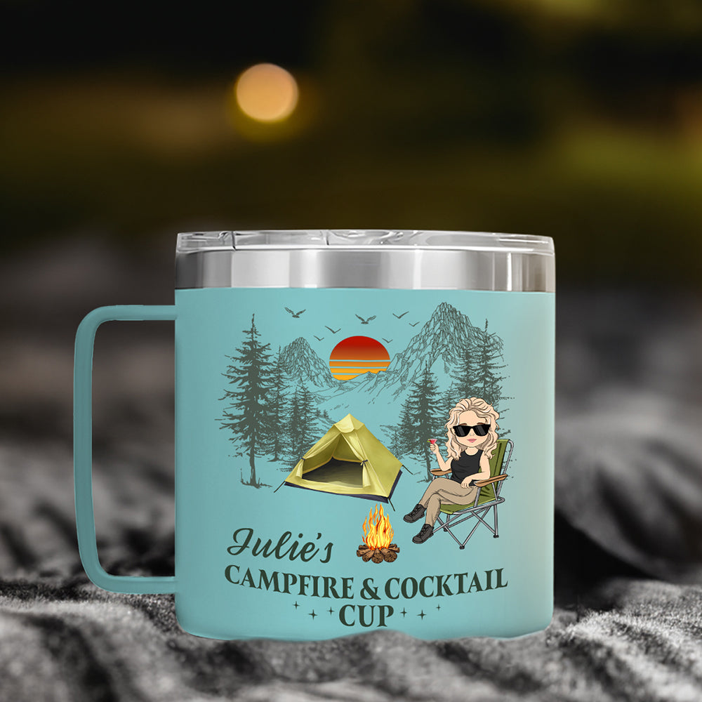 Campfire And Coffee Cup - Personalized Custom 14oz Stainless Steel Tumbler With Handle