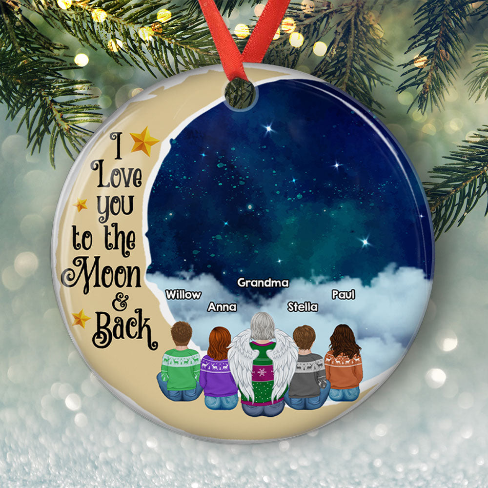 Grandma Grandkids On Moon - Personalized Custom Circle Ceramic Ornament