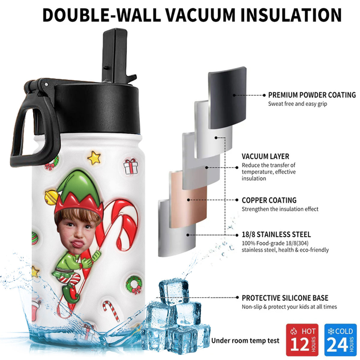 Santa Helper - Personalized Custom 3D Inflated Effect Kids Water Bottle