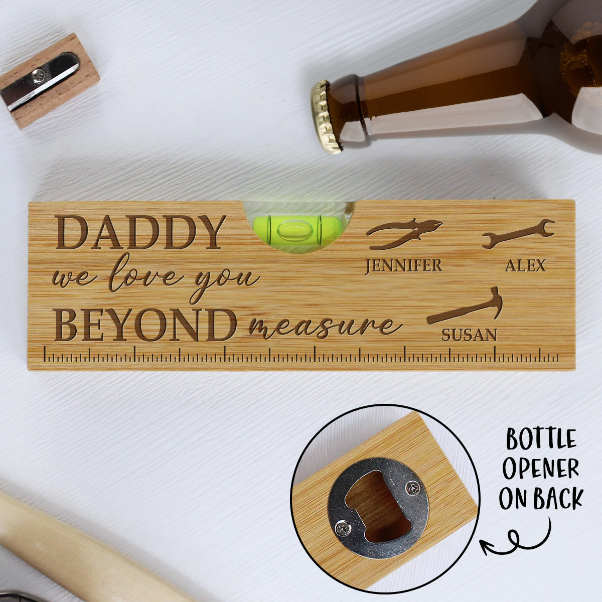 We Love You Beyond Measure - Personalized Custom Engraved Wooden Spirit Level Bottle Opener