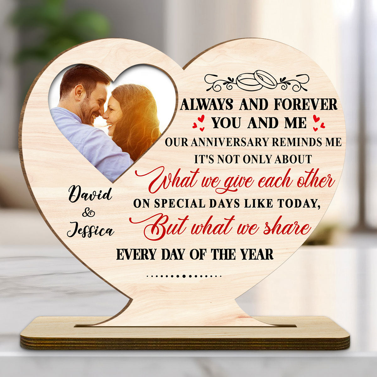 Every Day Our Hearts Share Love - Personalized Custom 2-Layer Wood Plaque With Flat Base