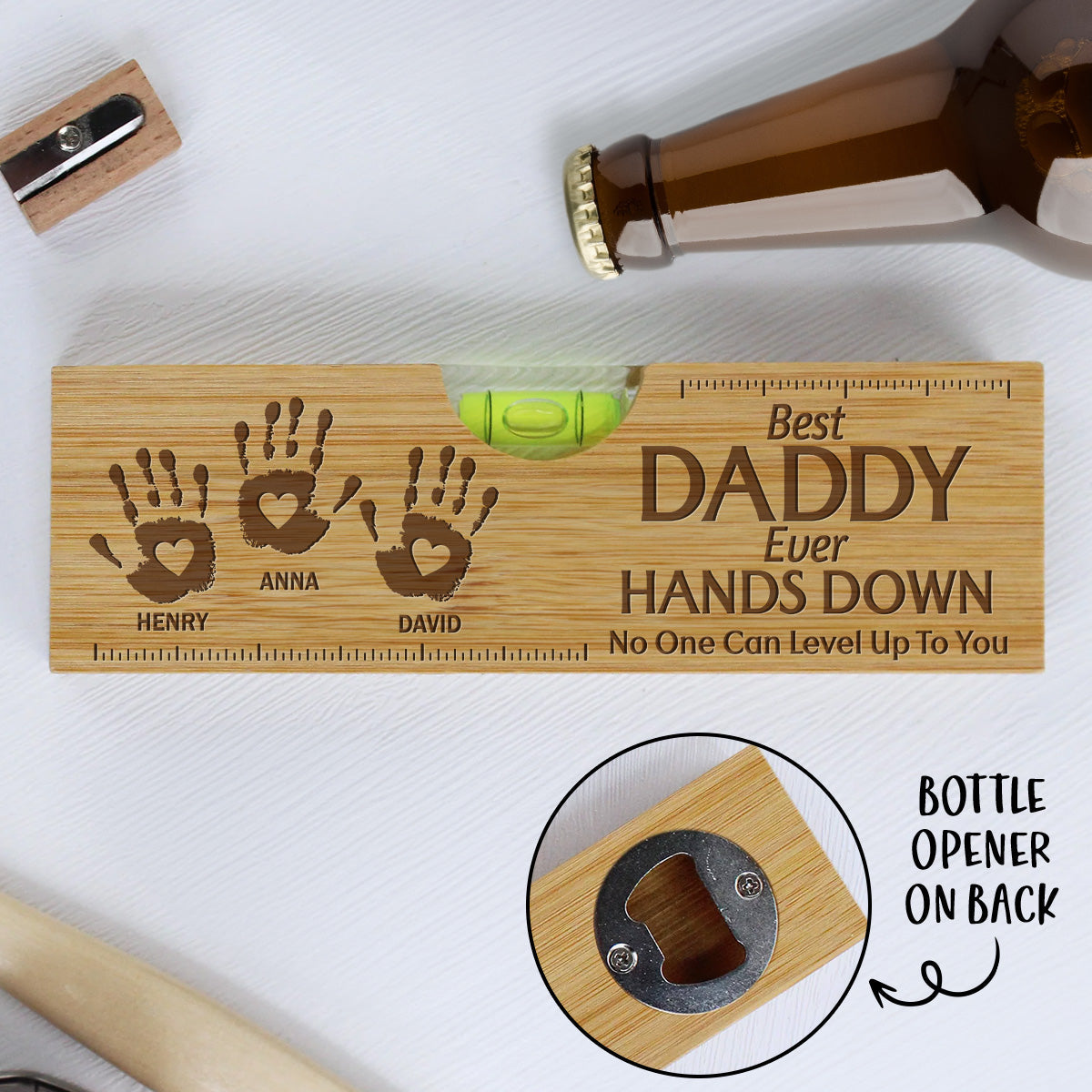 Hands Down We Love You Dad Grandpa - Personalized Custom Engraved Wooden Spirit Level Bottle Opener