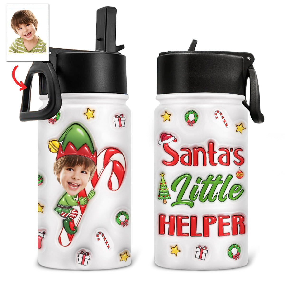 Santa Helper - Personalized Custom 3D Inflated Effect Kids Water Bottle