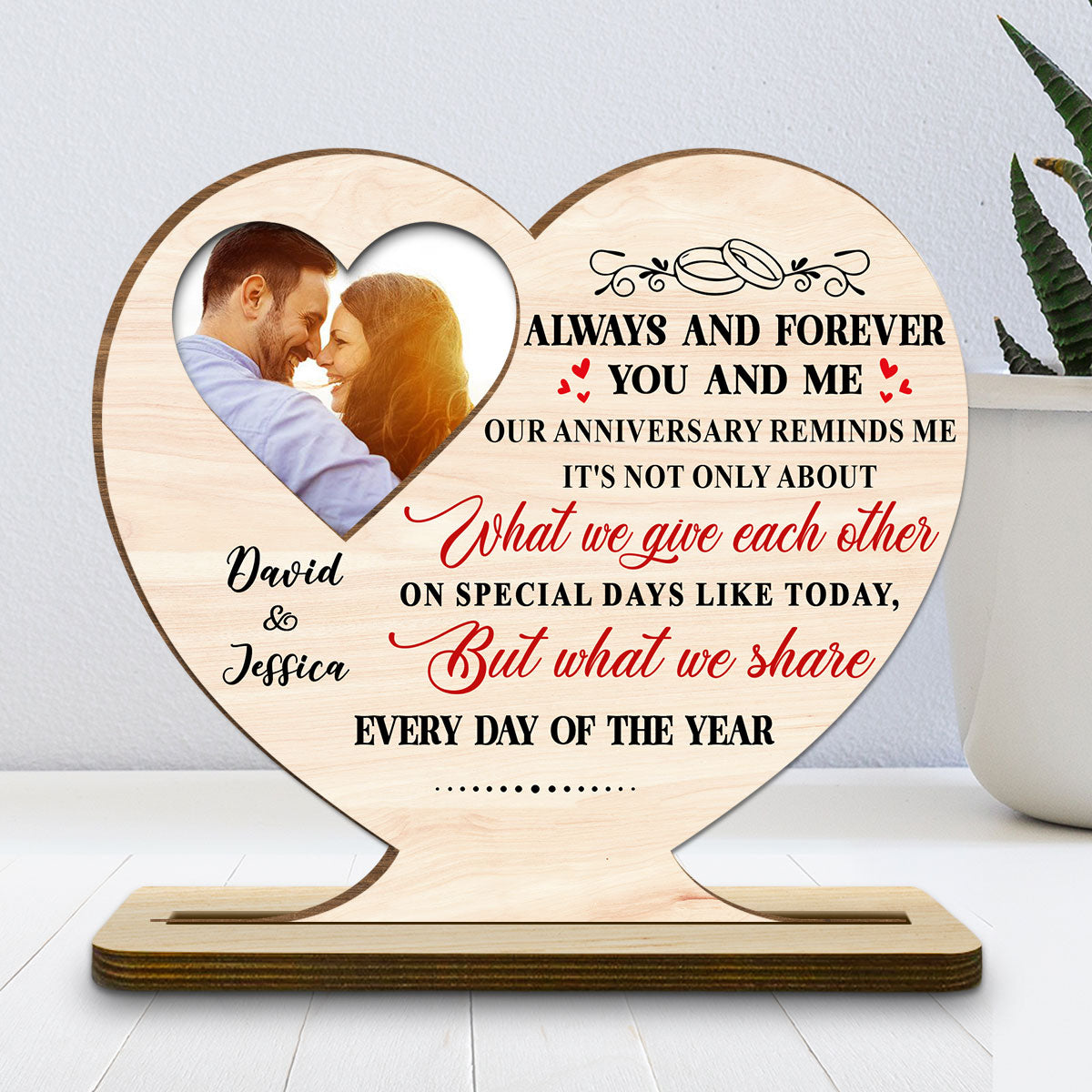 Every Day Our Hearts Share Love - Personalized Custom 2-Layer Wood Plaque With Flat Base