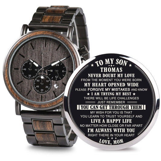 To My Son â€?Never Doubt My Love - Personalized Engraved Chronograph Wooden Watch GQ026