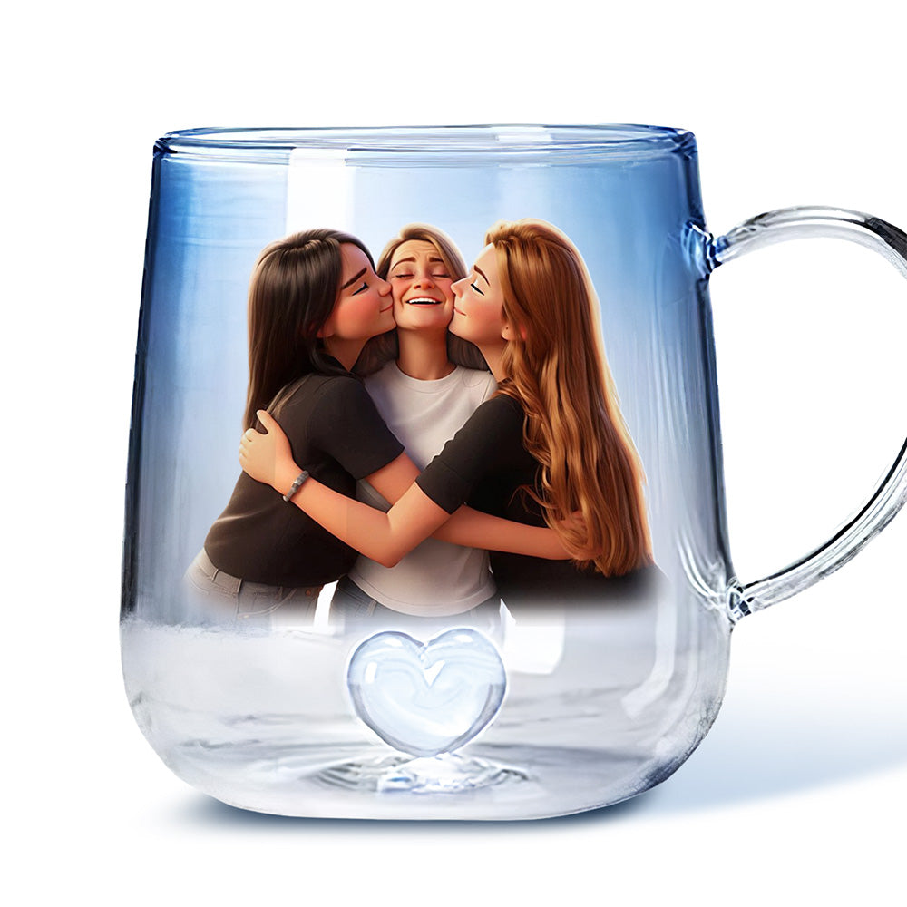 Mother And Daughter Cartoonize - Personalized Custom Blue Gradient Glass Mug