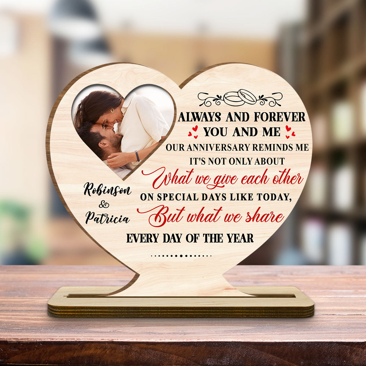 Every Day Our Hearts Share Love - Personalized Custom 2-Layer Wood Plaque With Flat Base