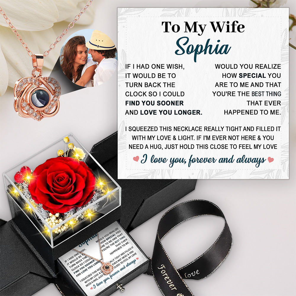 To My Wife - Personalized Custom Preserved Rose With Projection Necklace