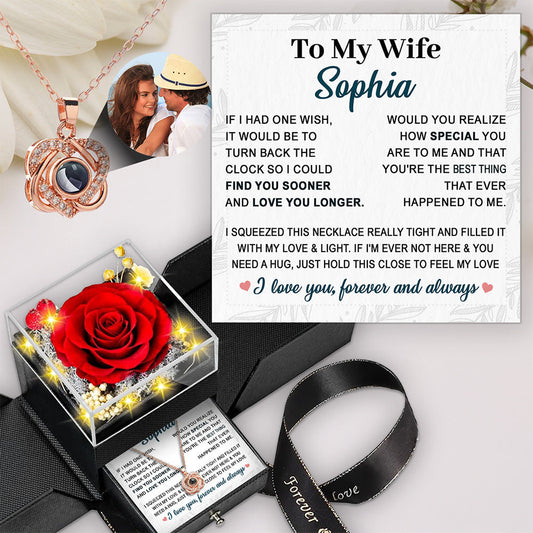 To My Wife - Personalized Custom Preserved Rose With Projection Necklace