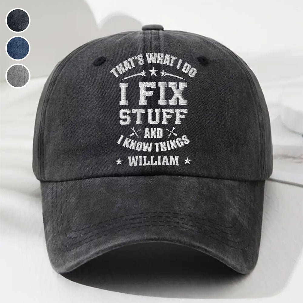 Fix Stuff And Know Things - Personalized Custom Vintage Washed Denim Cap