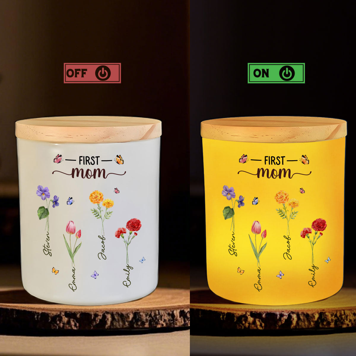 Grandma Birthmonth Flower - Personalized Custom Glass Jar With LED Candle