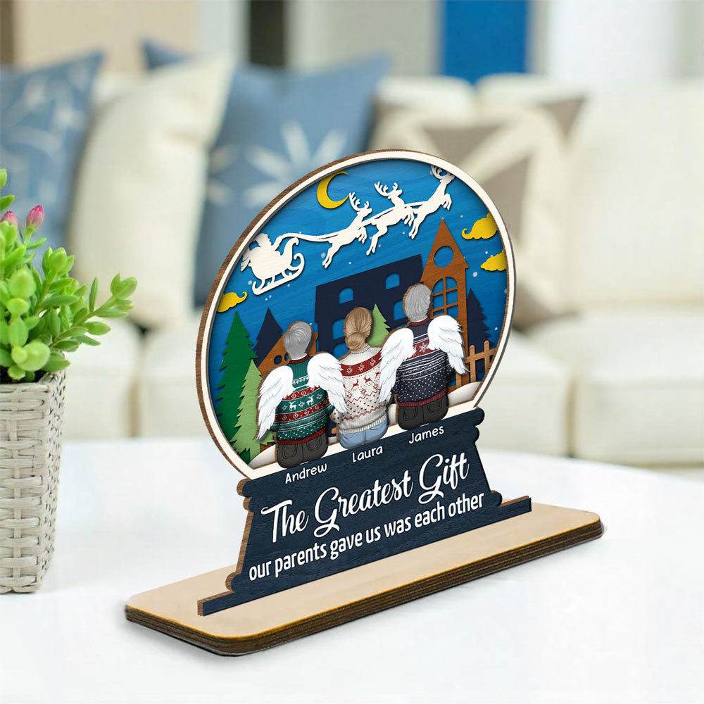 Sibling Snowglobe - Personalized Custom 2-Layer Wood Plaque With Flat Base