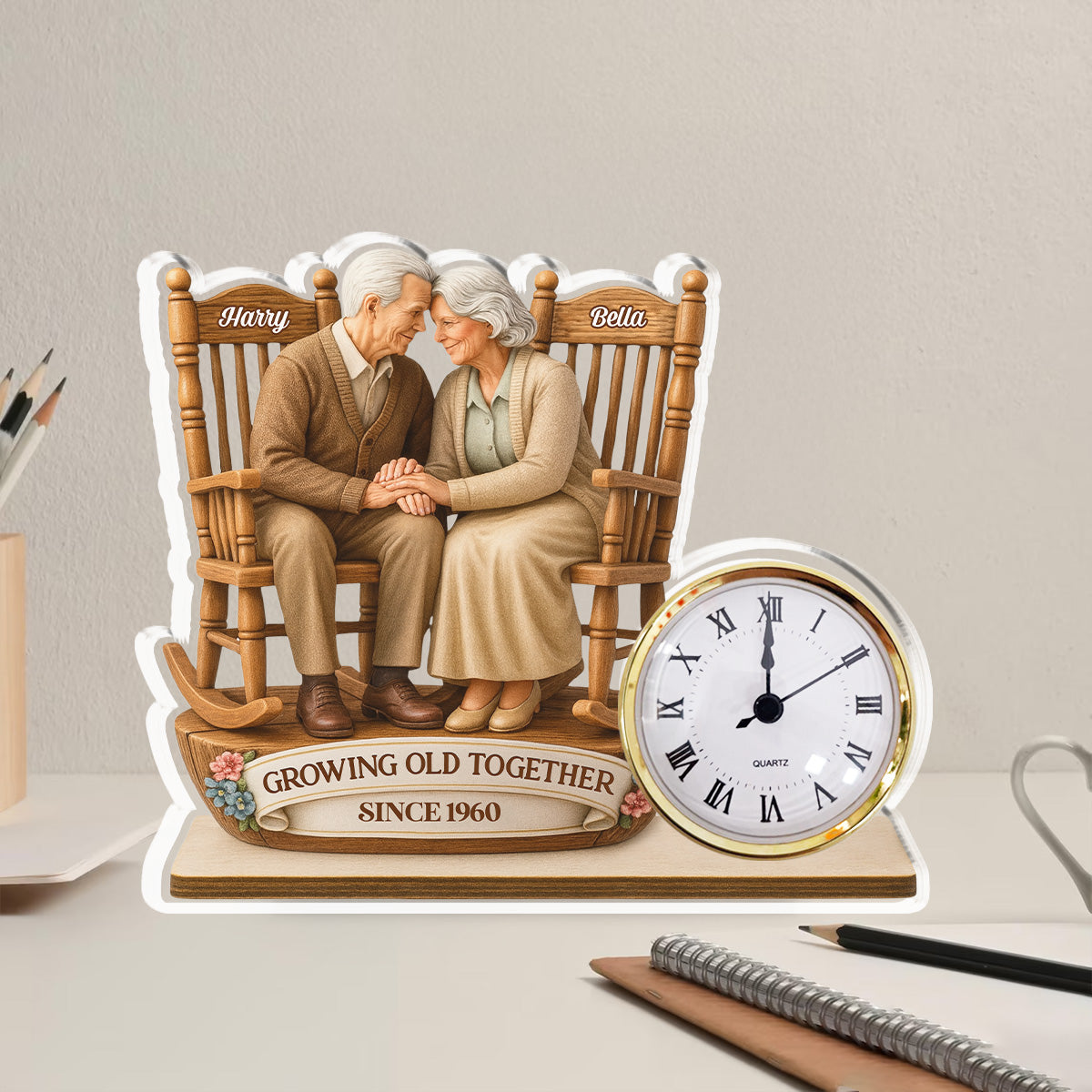 Growing Old Together - Personalized Custom Acrylic Desk Clock Plaque