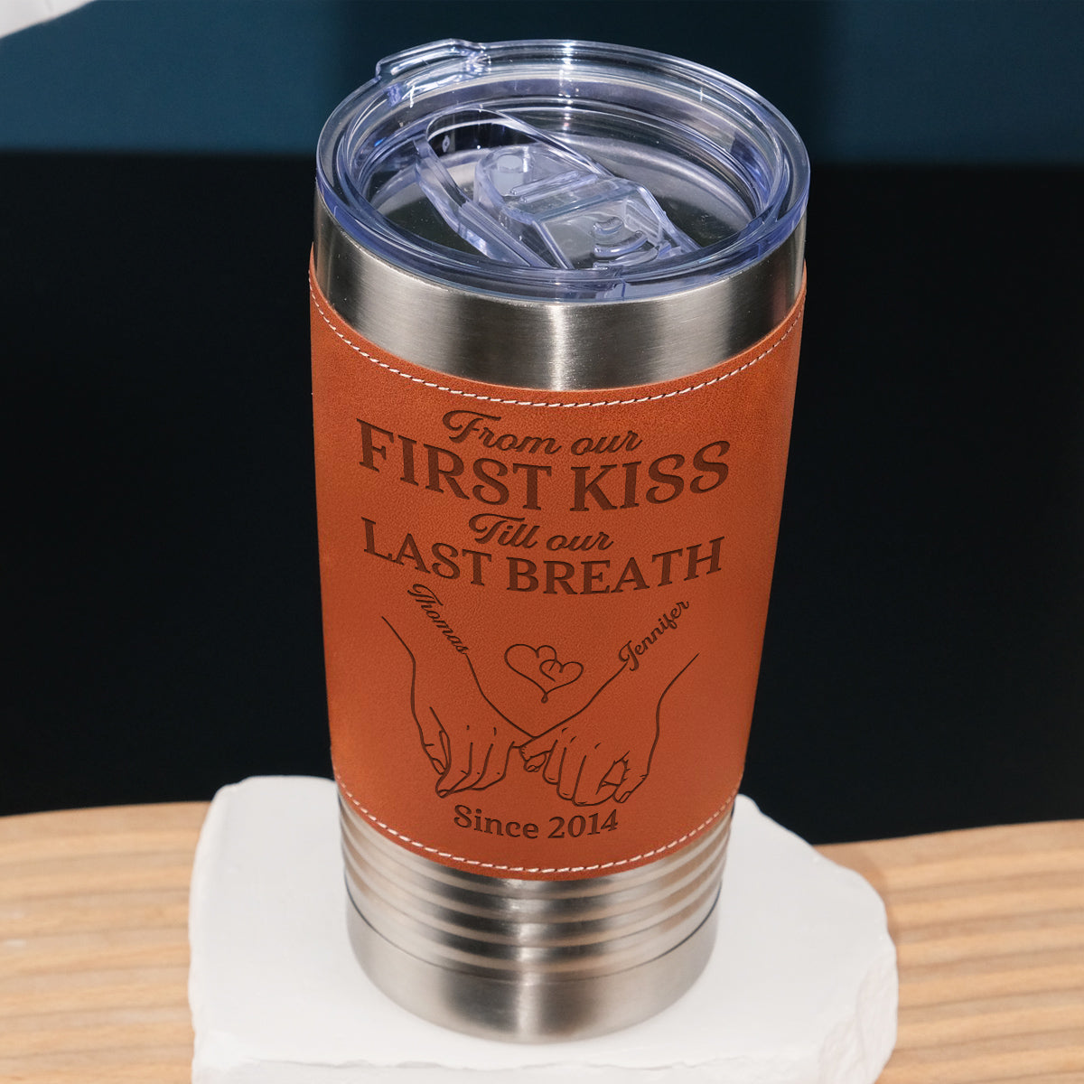Our First Kiss - Personalized Custom Engraved Leather Tumbler