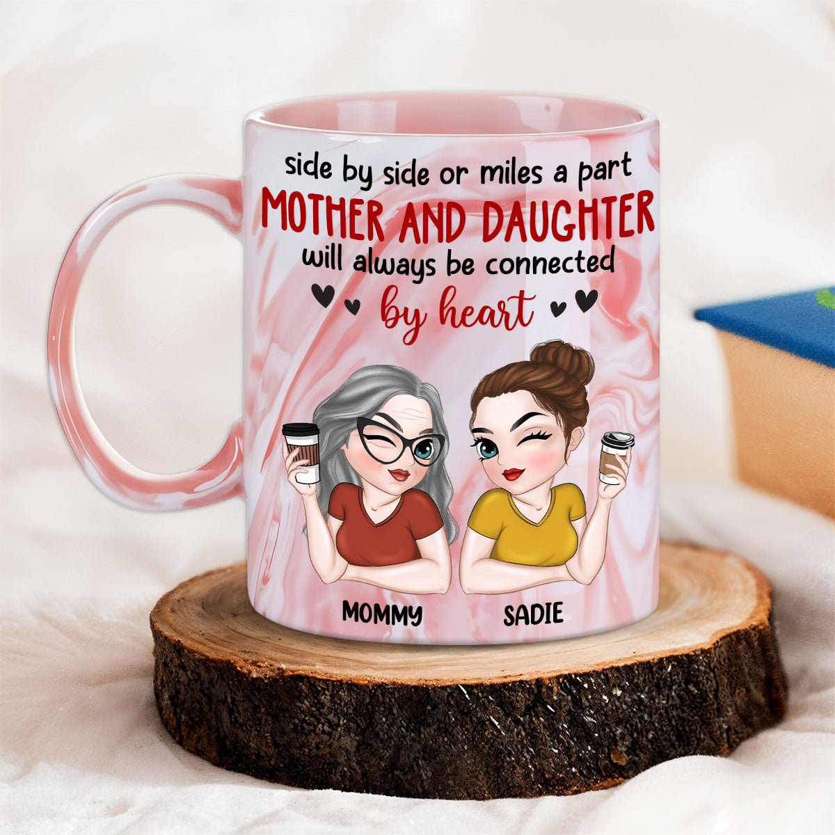 Will Always Be Connected By Heart - Personalized Custom Pink Marble Mug