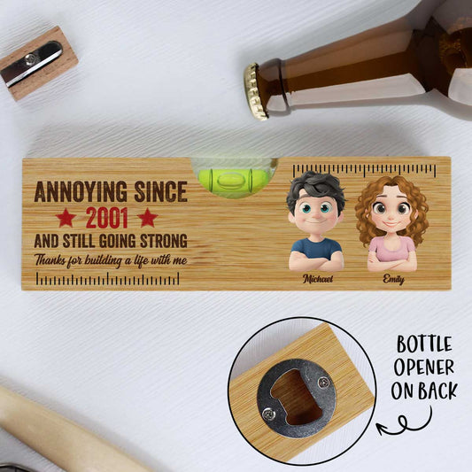Thanks For Building A Life With Me - Personalized Custom Wooden Spirit Level Bottle Opener