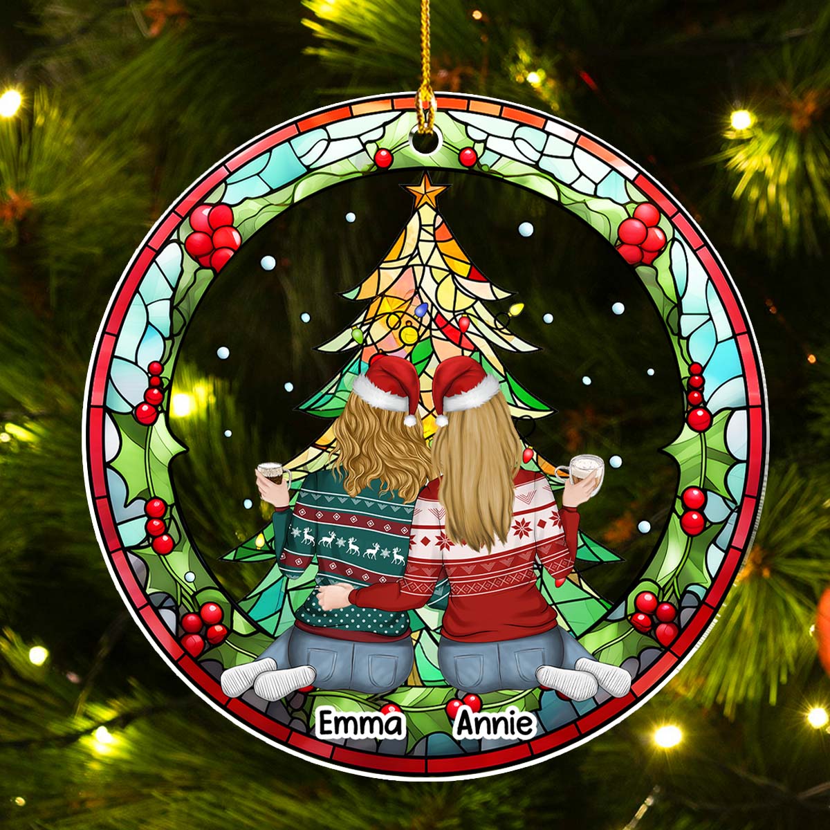 Mother And Daughter, Sister, Bestie Sitting Together - Personalized Custom Acrylic Ornament