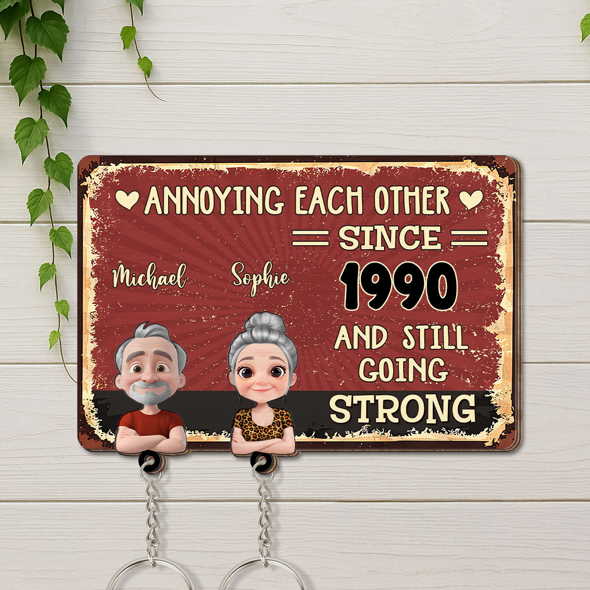 Annoying Each Other - Personalized Custom Wooden Key Holder With Keychain