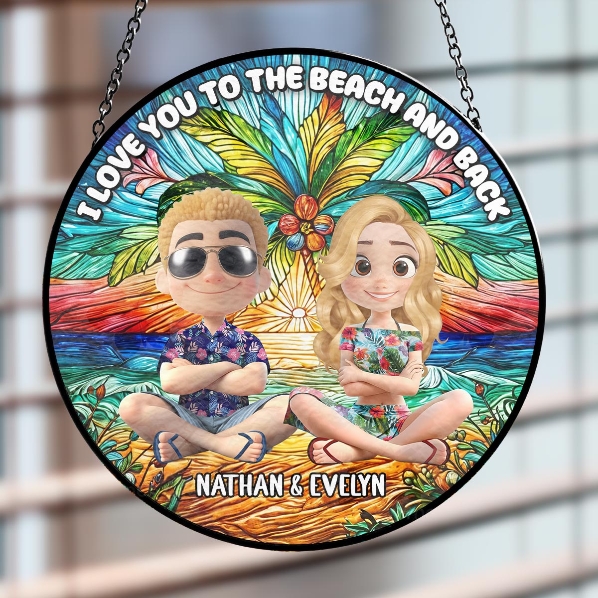 Love You To The Moon And Back Cartoonize - Personalized Custom Stained Glass Window Hanging Suncatcher