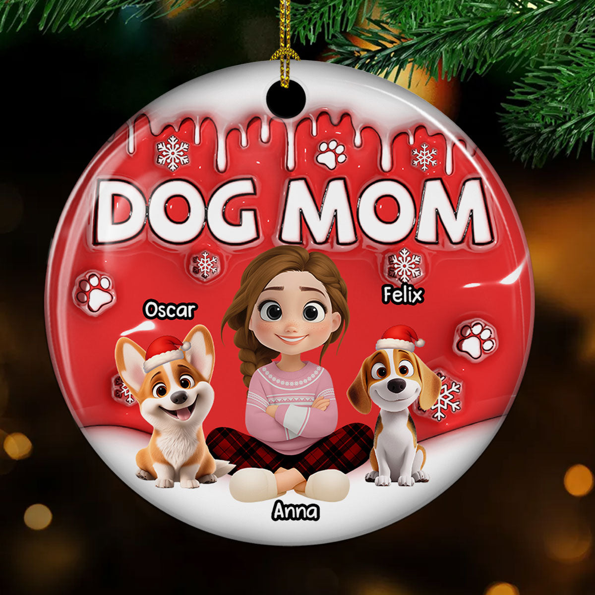 Dog Mom Cartoon In Christmas - Personalized Custom 3D Inflated Effect Ceramic Ornament