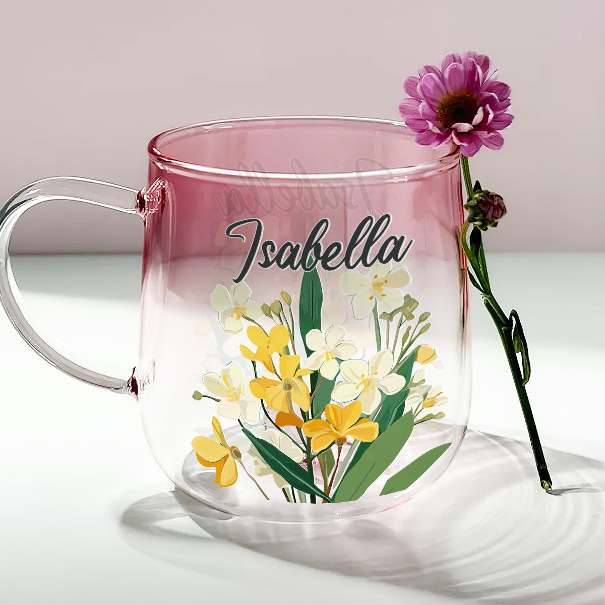 Custom Name Birth Month Flowers - Personalized Custom Pink Gradient Glass Mug