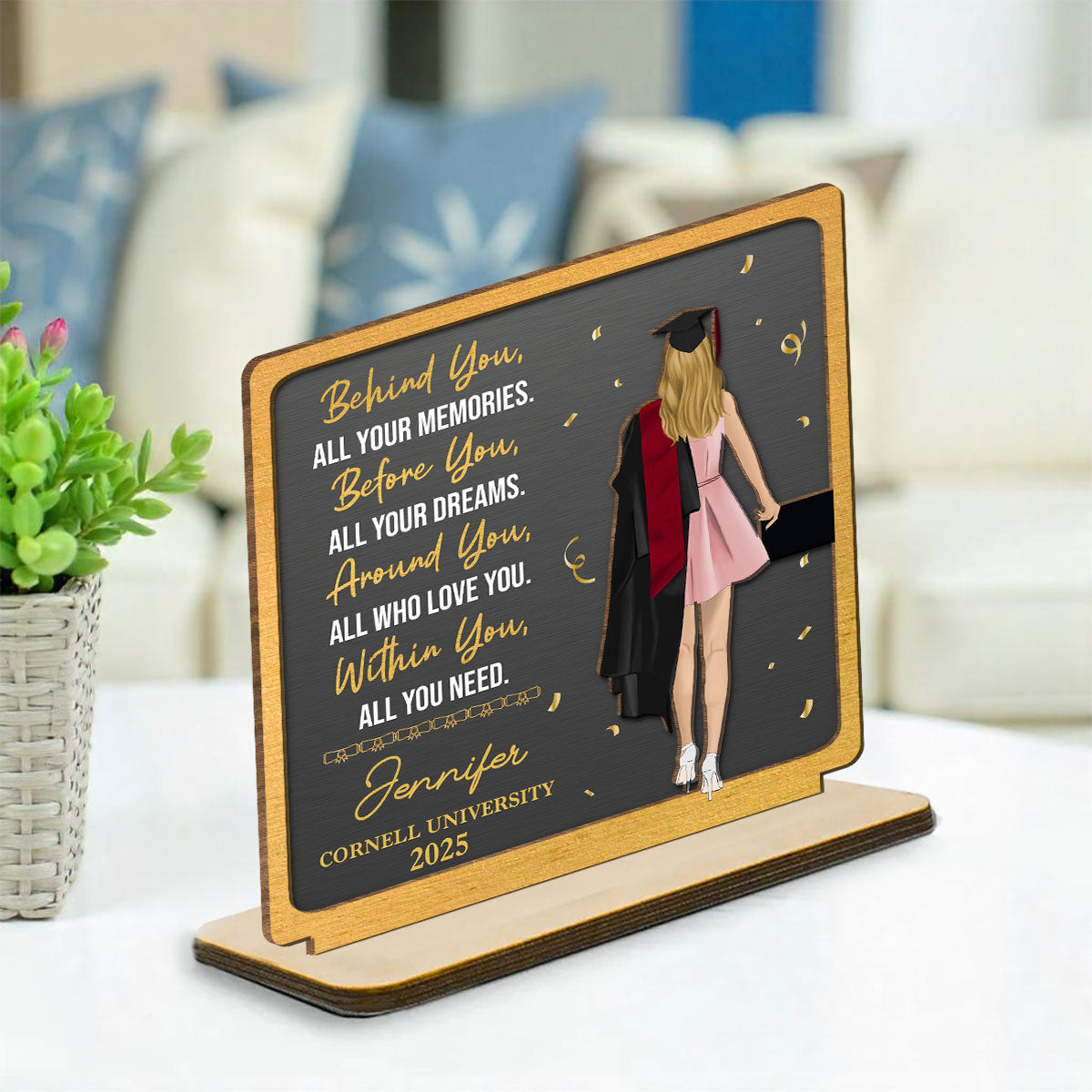 Memories Behind Dreams Ahead - Personalized Custom 2-Layer Wood Plaque With Flat Base