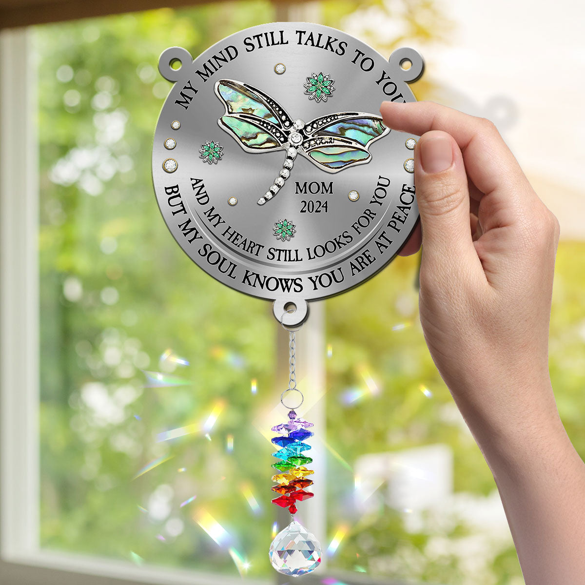 Dragonfly My Mind My Heart My Soul - Personalized Custom Suncatcher With Crystal Rainbow Charm