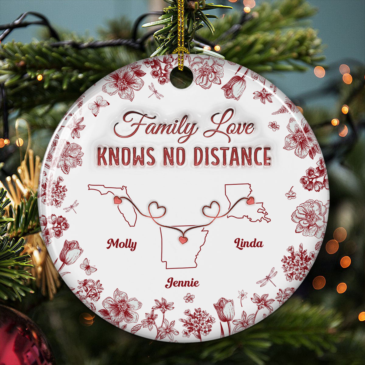 Family Love Knows No Distance Toile Style - Personalized Custom 3D Inflated Effect Ceramic Ornament
