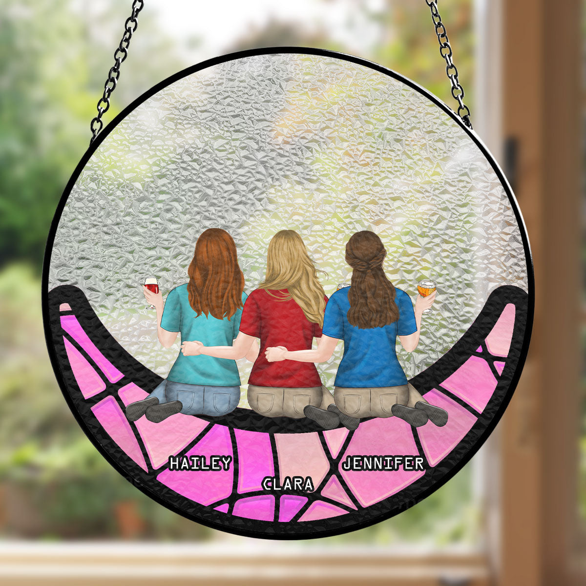 Friends Sitting On The Moon - Personalized Custom Window Hanging Suncatcher